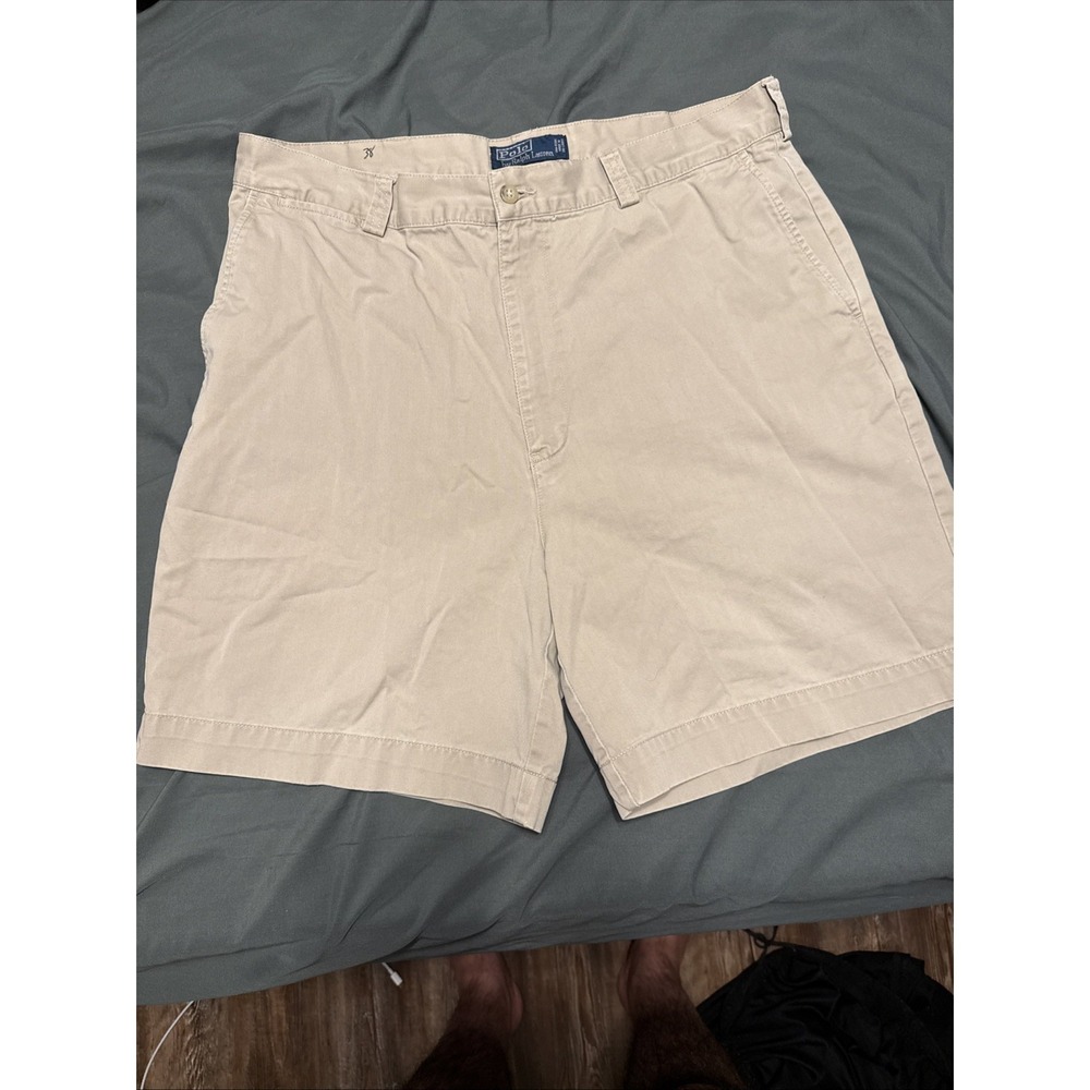 VTG Polo Ralph Lauren Chino Shorts‎ Pleated Front Cotton Beige Pockets Men's